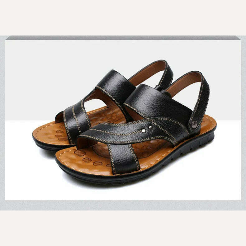 Men's Summer New Men's Sandals Men's Leather Beach Shoes Casual Men's Shoes Fashion Slippers Stripe Sandals Rubber Mens Shoes - KIMLUD