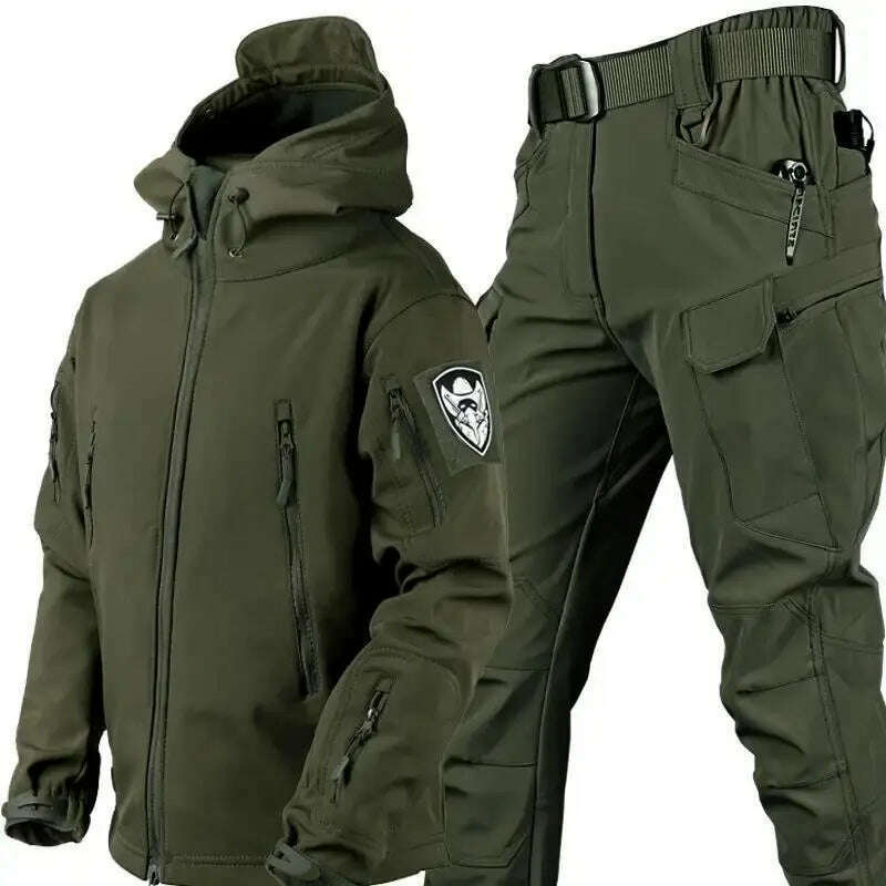 KIMLUD, Men's Tactical Military Camo Jacket and Pants Set, Thick Coat, Soft Shell, Large Size Jacket, Outdoor, Shark Skin, Winter, Autum, Green / 4XL / SAUDI ARABIA, KIMLUD APPAREL - Womens Clothes