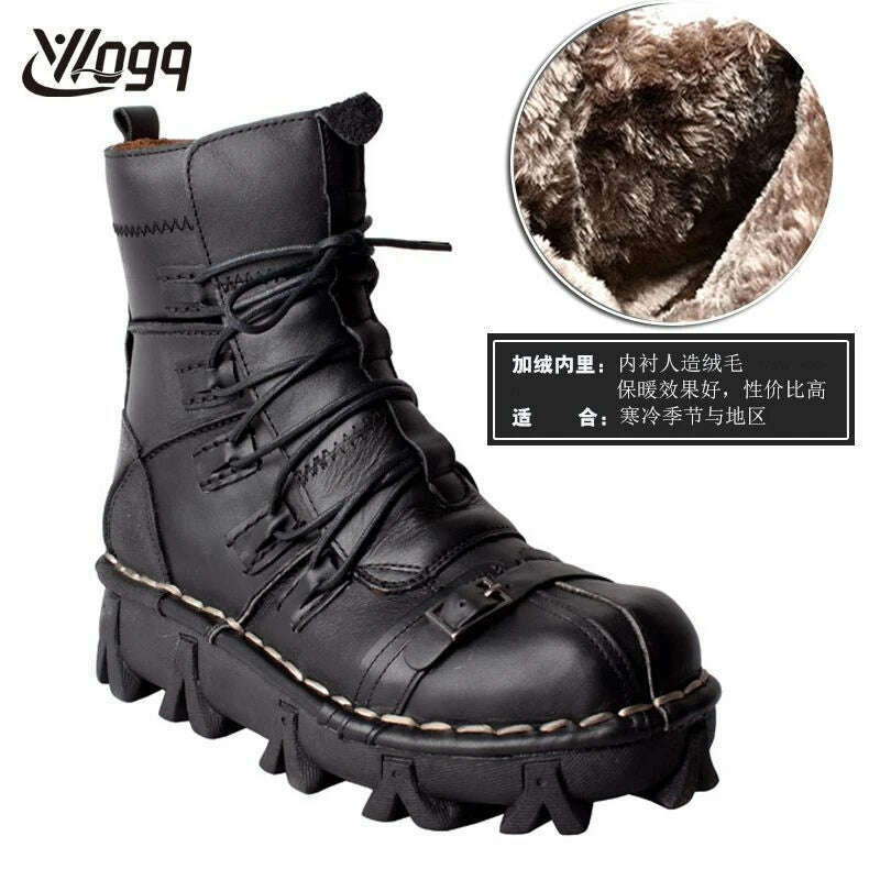 KIMLUD, Men's Vintage Genuine Leather Motorcycle Boots Mid-Calf Punk Steam Boots Military Combat Boots Skull Male Platform Basic Boots, 1990Black Velvet / 5 / CHINA, KIMLUD APPAREL - Womens Clothes
