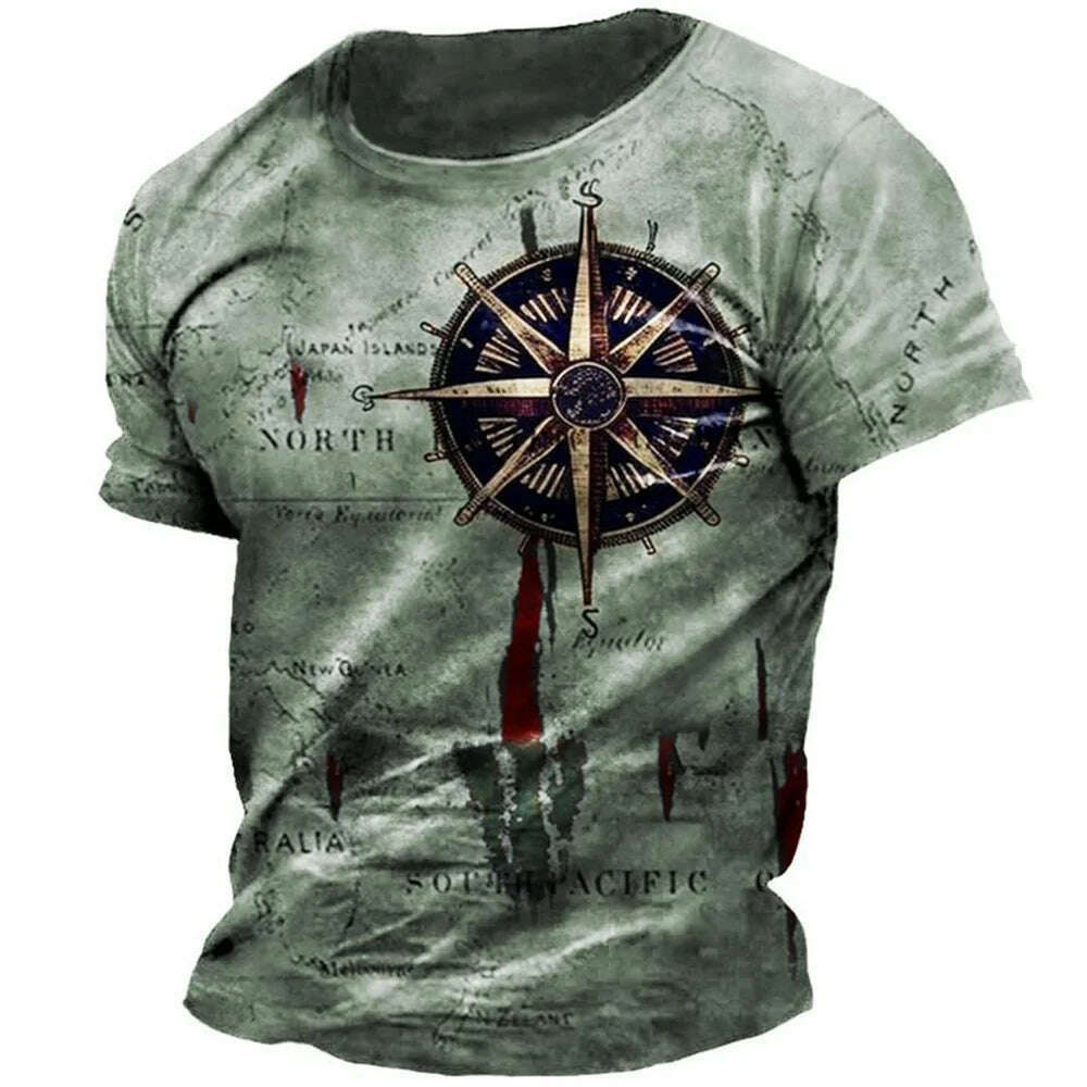 Men's Vintage Nautical Map Compass Print T-Shirt Summer Daily Loose Short Sleeve Male Tops Casual Tees Unisex Clothing Apparel - KIMLUD