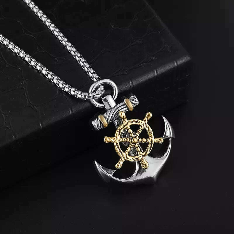 Mens Vintage Necklace Navy Pirate Anchor Pendant Ship Rudder Punk Jewelry Gift - KIMLUD