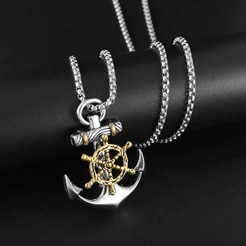 Mens Vintage Necklace Navy Pirate Anchor Pendant Ship Rudder Punk Jewelry Gift - KIMLUD