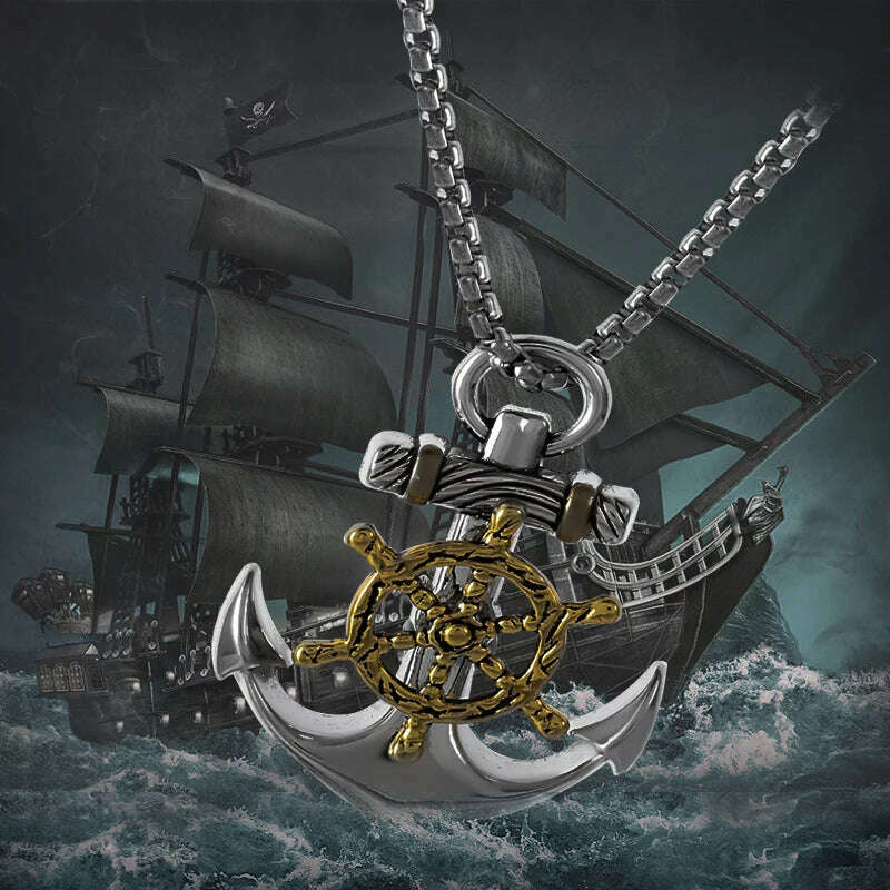 Mens Vintage Necklace Navy Pirate Anchor Pendant Ship Rudder Punk Jewelry Gift - KIMLUD