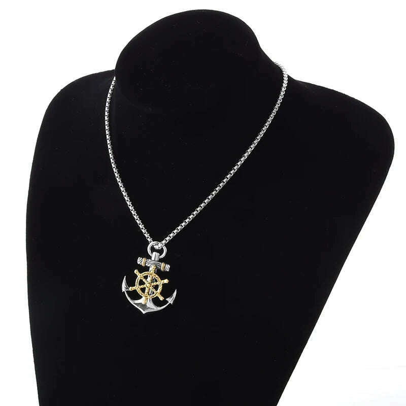Mens Vintage Necklace Navy Pirate Anchor Pendant Ship Rudder Punk Jewelry Gift - KIMLUD