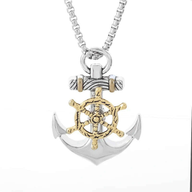 Mens Vintage Necklace Navy Pirate Anchor Pendant Ship Rudder Punk Jewelry Gift - KIMLUD