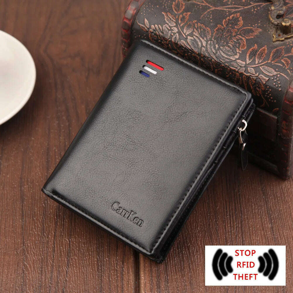 Men's Wallet Short RFID Anti Demagnetization Buckle Zipper Coin Bag US Dollar Clip Anti-Theft Brush Passport Bank Card Holder - KIMLUD