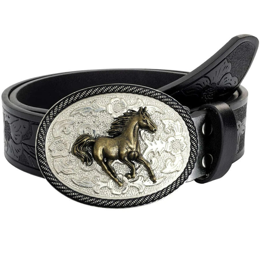 Men's Western Style Belt - Horse Print Floral Carving - PU | KIMLUD