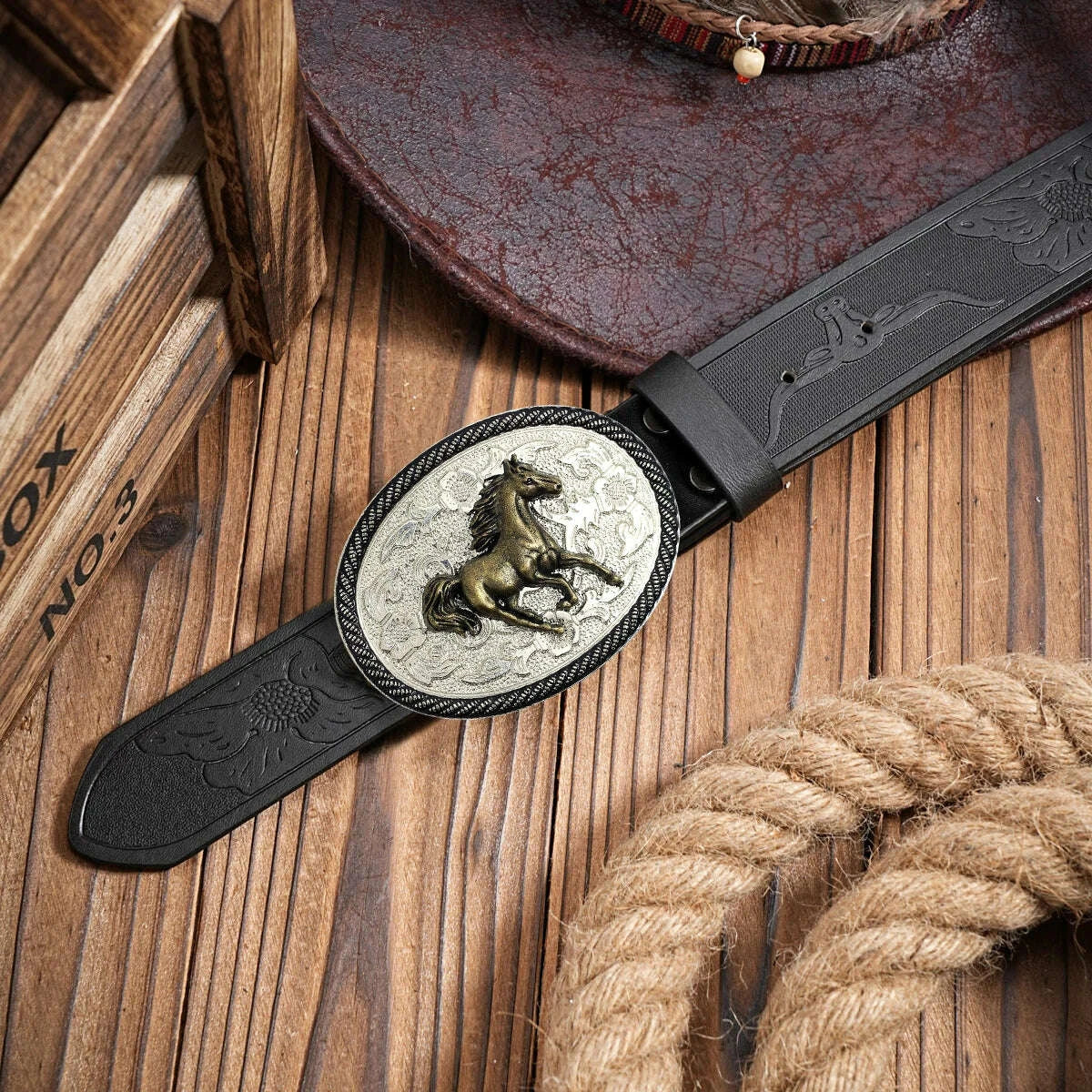 Men's Western Style Belt - Horse Print Floral Carving - PU | KIMLUD