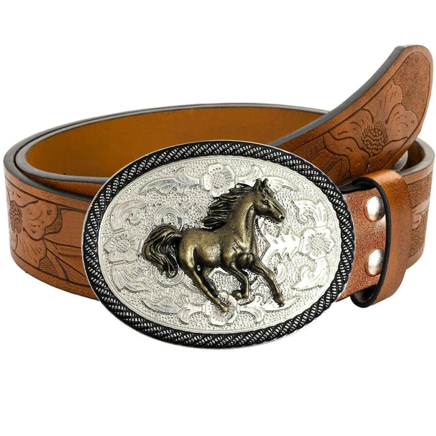 Men's Western Style Belt - Horse Print Floral Carving - PU | KIMLUD