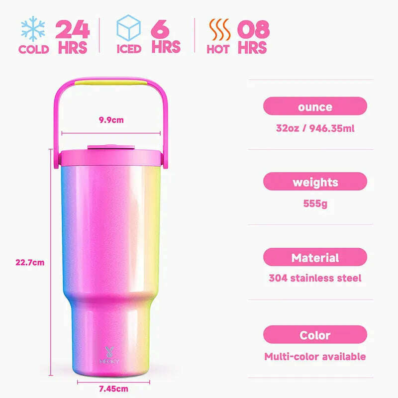Meoky 32oz Tumbler with Carry Handle Multiple Prints Stainless Steel Insulated Vacuum Coffee Mug Thermal Milk Tea Travel Car Mug - KIMLUD