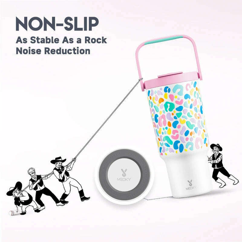 Meoky 32oz Tumbler with Carry Handle Multiple Prints Stainless Steel Insulated Vacuum Coffee Mug Thermal Milk Tea Travel Car Mug - KIMLUD