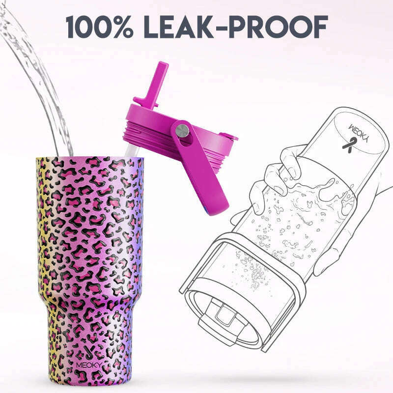 Meoky 32oz Tumbler with Carry Handle Multiple Prints Stainless Steel Insulated Vacuum Coffee Mug Thermal Milk Tea Travel Car Mug - KIMLUD