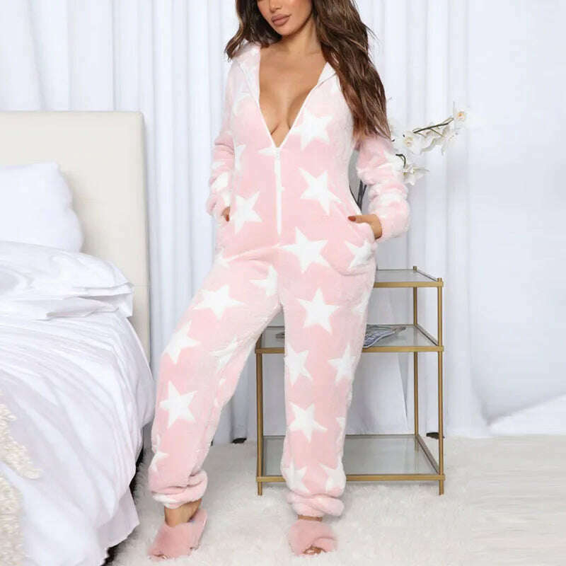 KIMLUD, Merry Christmas Women Winter Pajamas Jumpsuit Zipper Hoodies Sleepwear Long Pants Jumpsuits For Women Print Pyjamas Plus Size, 06 / S, KIMLUD APPAREL - Womens Clothes
