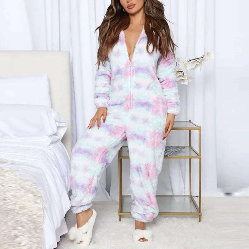 KIMLUD, Merry Christmas Women Winter Pajamas Jumpsuit Zipper Hoodies Sleepwear Long Pants Jumpsuits For Women Print Pyjamas Plus Size, 03 / S, KIMLUD APPAREL - Womens Clothes