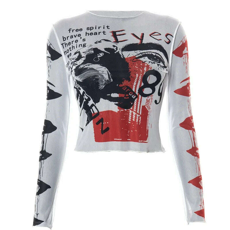 KIMLUD, Mesh Gothic Aesthetic See Through Women T-shirts Grunge Sexy Printed Bodycon Crop Tops Punk E-girl Long Sleeve Clothes, KIMLUD Womens Clothes