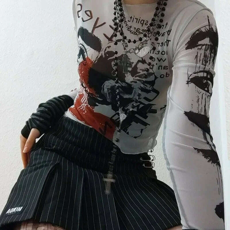 KIMLUD, Mesh Gothic Aesthetic See Through Women T-shirts Grunge Sexy Printed Bodycon Crop Tops Punk E-girl Long Sleeve Clothes, KIMLUD Womens Clothes