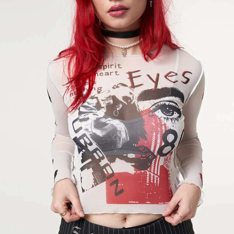 KIMLUD, Mesh Gothic Aesthetic See Through Women T-shirts Grunge Sexy Printed Bodycon Crop Tops Punk E-girl Long Sleeve Clothes, KIMLUD Womens Clothes