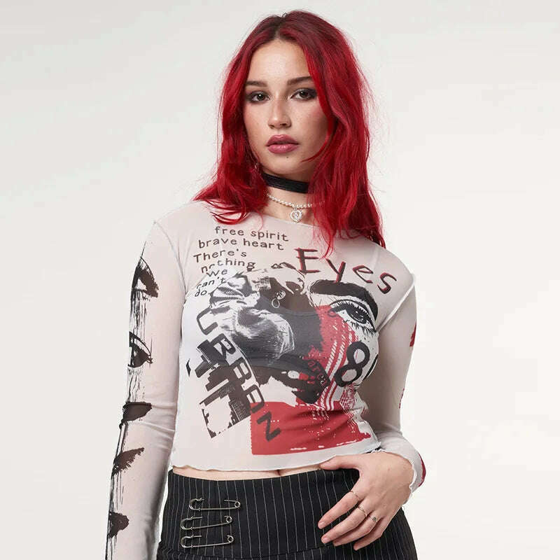 KIMLUD, Mesh Gothic Aesthetic See Through Women T-shirts Grunge Sexy Printed Bodycon Crop Tops Punk E-girl Long Sleeve Clothes, KIMLUD Womens Clothes