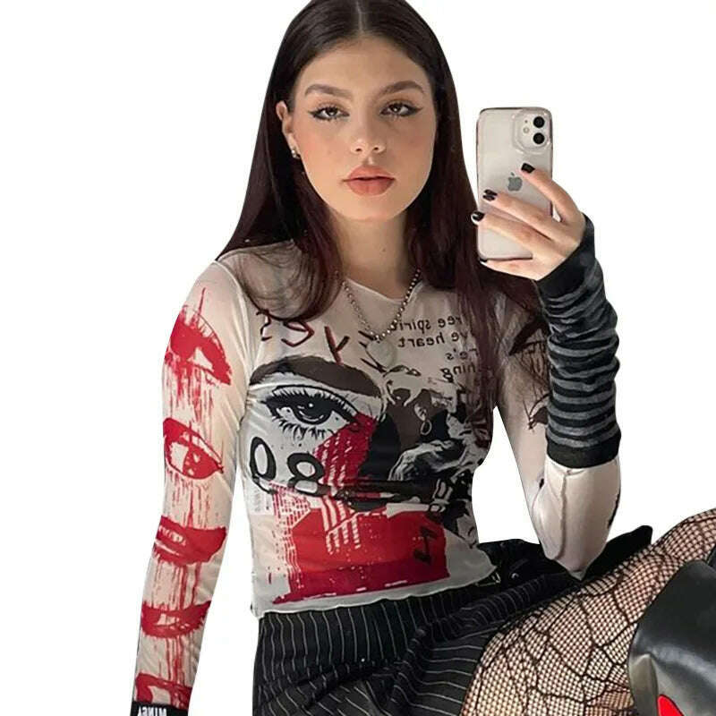 KIMLUD, Mesh Gothic Aesthetic See Through Women T-shirts Grunge Sexy Printed Bodycon Crop Tops Punk E-girl Long Sleeve Clothes, Beige / M, KIMLUD Womens Clothes