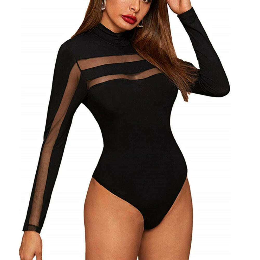 Mesh See Through Sexy Bodysuit Women Long Sleeve Round Neck Skinny Backless Patchwork Slim High Waist Wild Slim Rompers - KIMLUD
