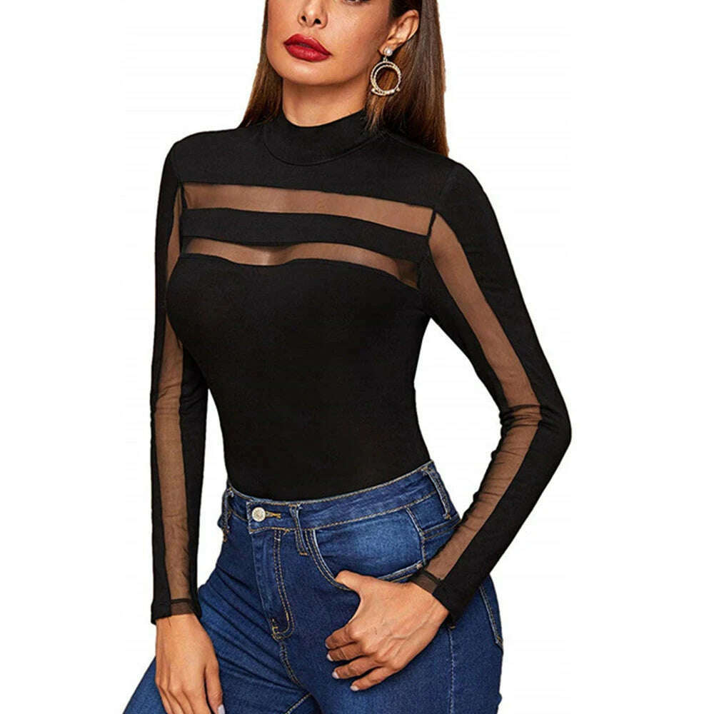 Mesh See Through Sexy Bodysuit Women Long Sleeve Round Neck Skinny Backless Patchwork Slim High Waist Wild Slim Rompers - KIMLUD