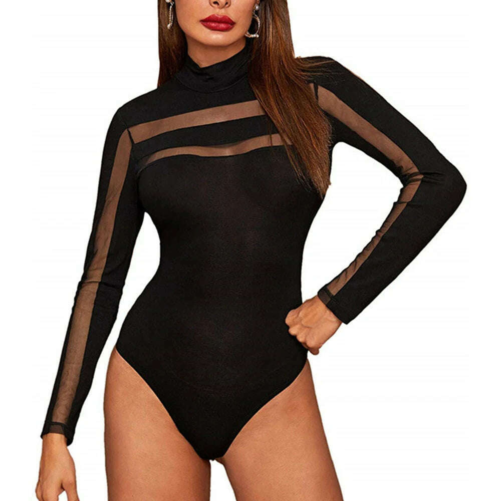 Mesh See Through Sexy Bodysuit Women Long Sleeve Round Neck Skinny Backless Patchwork Slim High Waist Wild Slim Rompers - KIMLUD