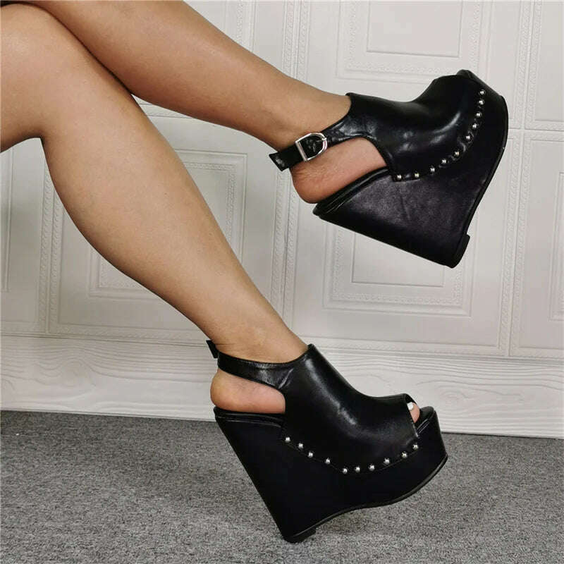 KIMLUD, Metal Decoration Rivet Peep Toe Super High Heels Wedges Women Sandals Buckle Strap Pumps Large Size Fashion Western Ladies Shoes, black / 36, KIMLUD APPAREL - Womens Clothes