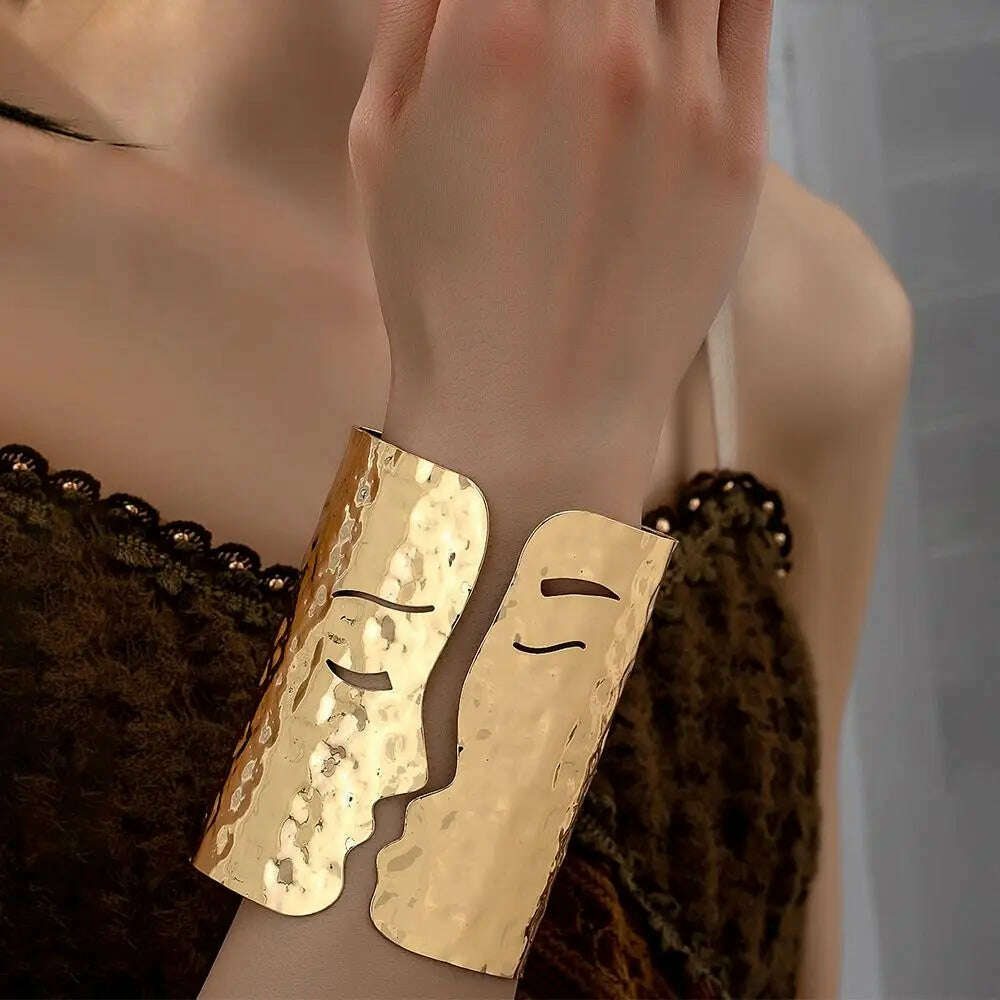 KIMLUD, Metal Human Face Wide Open Bangle Minority Design Alloy Cuff Bangles Jewelry Accessories Europe American Style, KIMLUD Womens Clothes