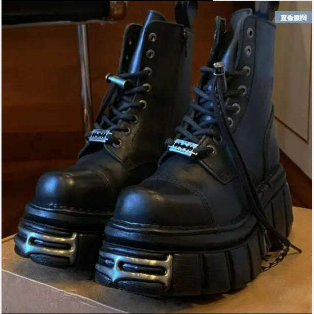 KIMLUD, metal punk Boots Fashion Ankle Boots Women Autumn Winter Shoes Platform Boots Ladies Lace Up Motorcycle Booties Zapatos De Mujer, KIMLUD Womens Clothes