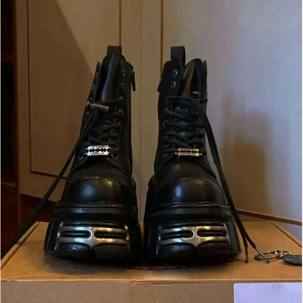 KIMLUD, metal punk Boots Fashion Ankle Boots Women Autumn Winter Shoes Platform Boots Ladies Lace Up Motorcycle Booties Zapatos De Mujer, KIMLUD Womens Clothes