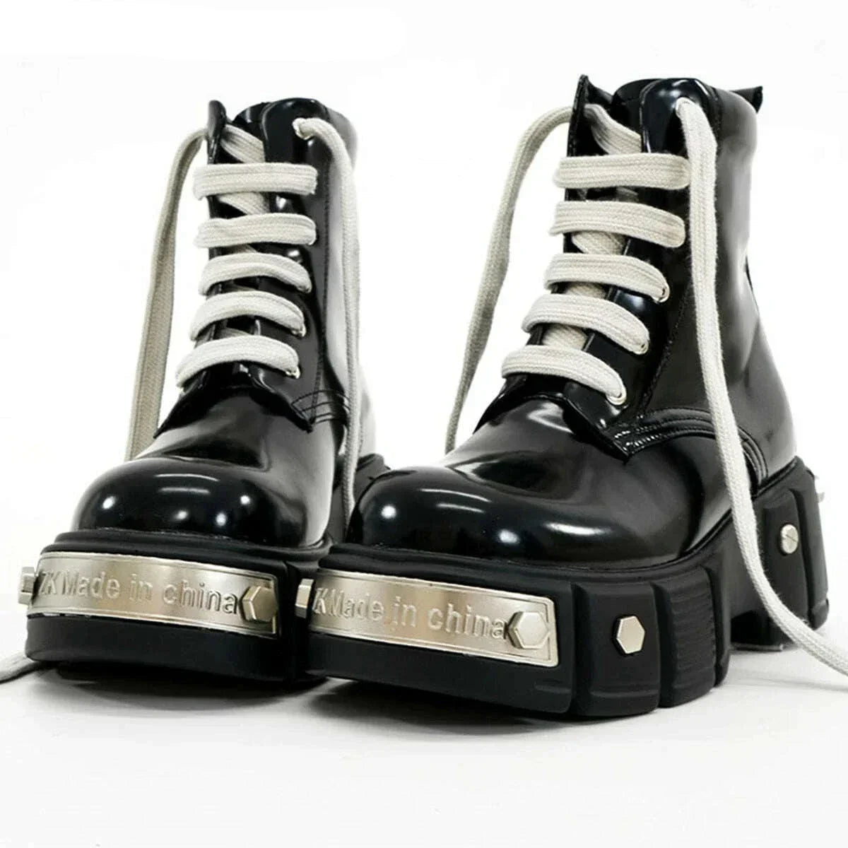 KIMLUD, Metal Rivet Platform Women Boots Patent Leather Lace Up Novelty Fashion Motorcycle Boots 2023 Winter New High Top Ankle Boots, KIMLUD Womens Clothes