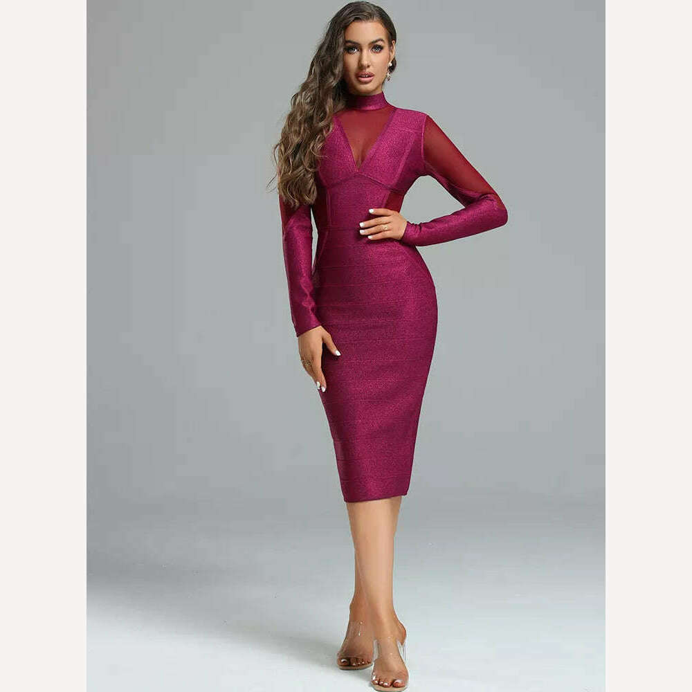 KIMLUD, Metallic Bandage Dress Long Sleeve Party Dress Bodycon Women Elegant Sexy Wine Mesh Insert Evening Birthday Club Outfit 2023, KIMLUD Womens Clothes