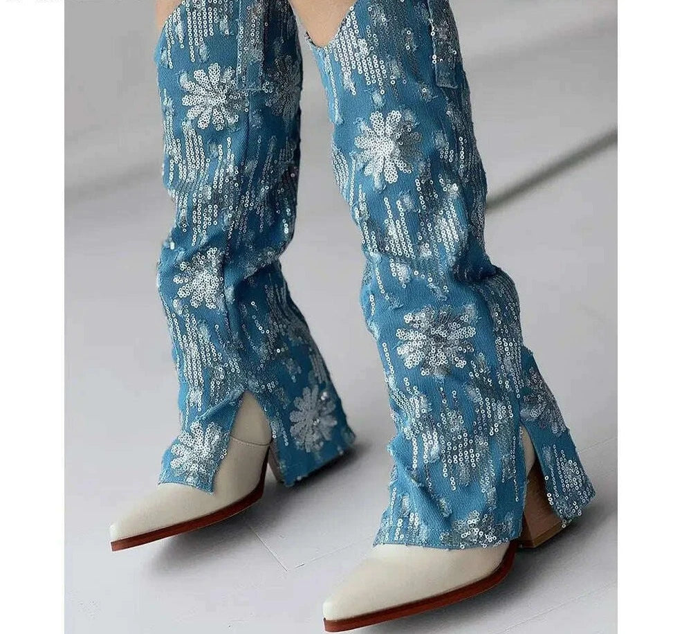 KIMLUD, Metallic Denin Womem Chelsea Boots High Heel Mid Calf Pointed Toe Platform Knee High Shoes Luxury Designer Fashion Elegant Boots, light blue / 4, KIMLUD APPAREL - Womens Clothes