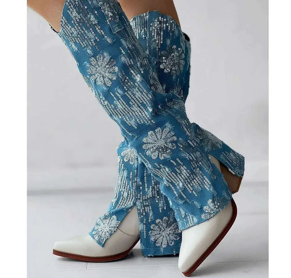 KIMLUD, Metallic Denin Womem Chelsea Boots High Heel Mid Calf Pointed Toe Platform Knee High Shoes Luxury Designer Fashion Elegant Boots, KIMLUD Womens Clothes