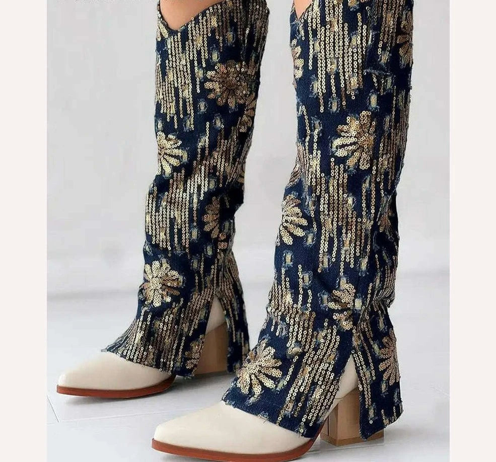 KIMLUD, Metallic Denin Womem Chelsea Boots High Heel Mid Calf Pointed Toe Platform Knee High Shoes Luxury Designer Fashion Elegant Boots, KIMLUD Womens Clothes