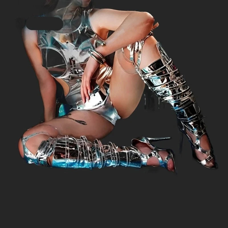 KIMLUD, Metallic Leather Women Gladiator Sandals Silver Gold Thigh High Boots Open Toe Cut Outs High Boots Summer Women Night Club Shoes, silver / 35, KIMLUD APPAREL - Womens Clothes