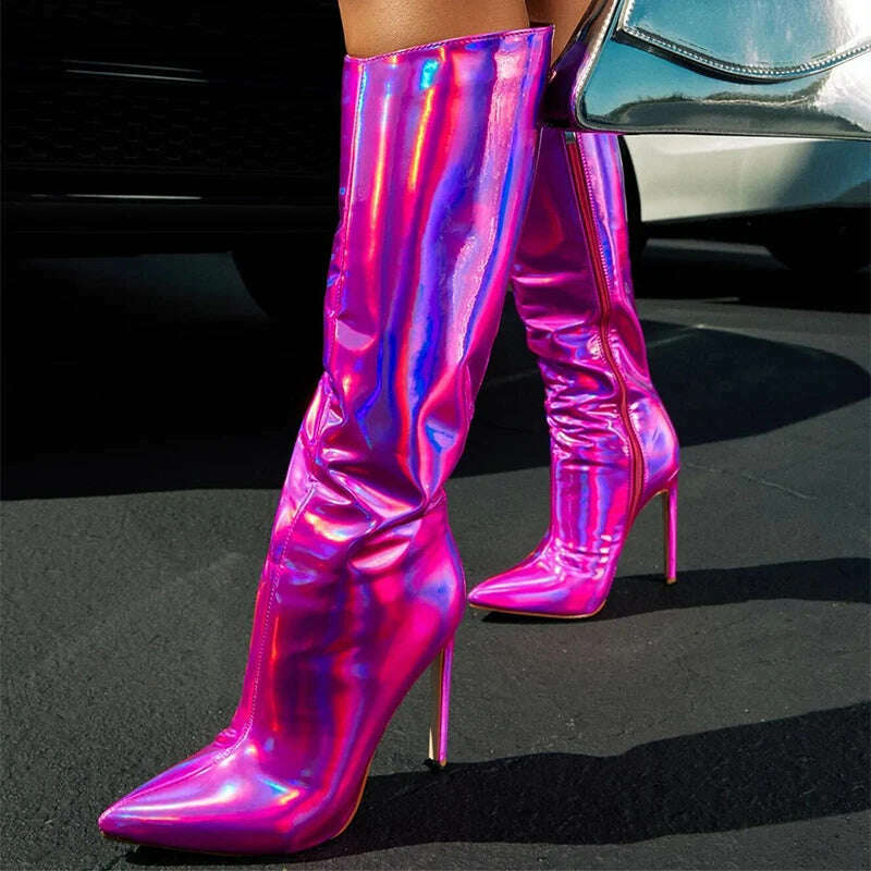 Metallic Leather Women Knee High Boots Brand Sexy Girls Pointed Toe Stiletto High Heels Thigh High Boots Fashion Nightclub Shoes - KIMLUD