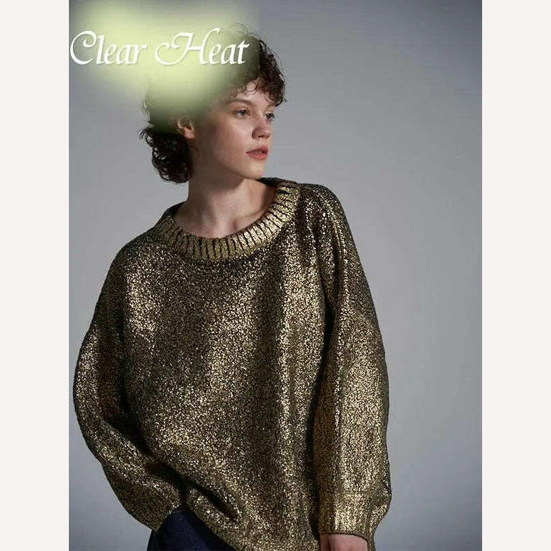 KIMLUD, Metallic Solid O Neck Sweater For Women Vintage Loose Long Sleeve Shinny Pullover 2023 Autumn Female Fashion Street Chic Jumper, KIMLUD Womens Clothes