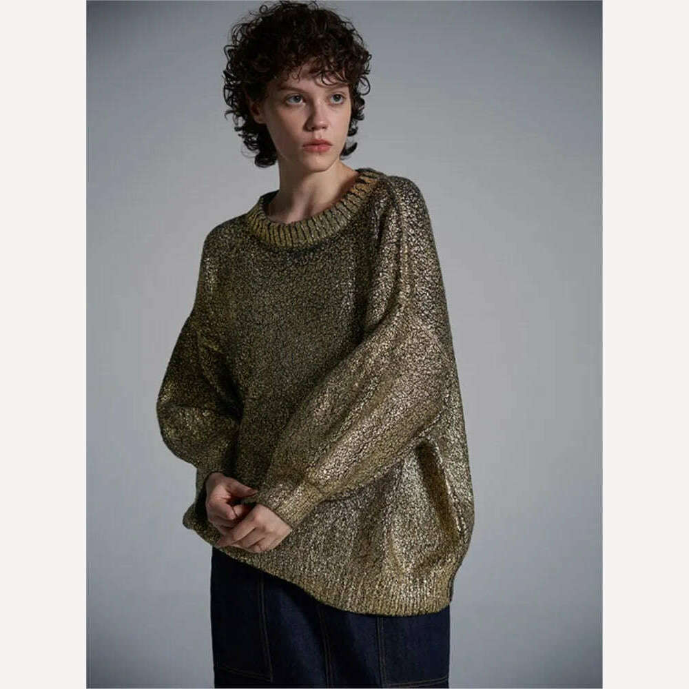 KIMLUD, Metallic Solid O Neck Sweater For Women Vintage Loose Long Sleeve Shinny Pullover 2023 Autumn Female Fashion Street Chic Jumper, KIMLUD Womens Clothes