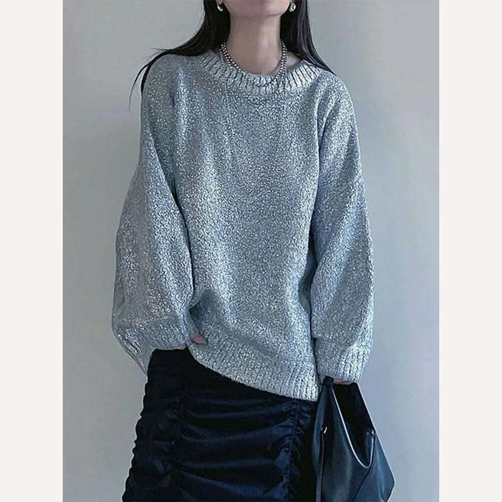 KIMLUD, Metallic Solid O Neck Sweater For Women Vintage Loose Long Sleeve Shinny Pullover 2023 Autumn Female Fashion Street Chic Jumper, KIMLUD Womens Clothes