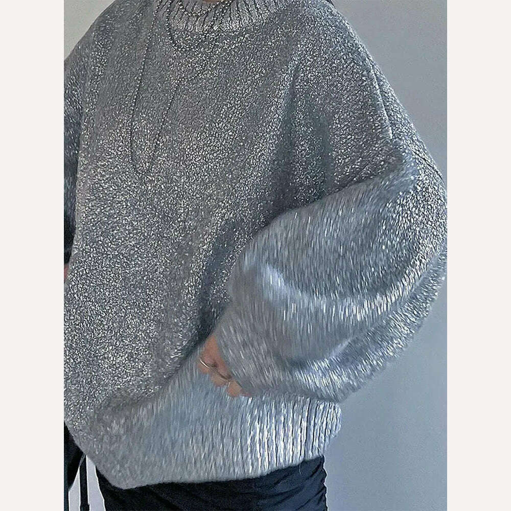KIMLUD, Metallic Solid O Neck Sweater For Women Vintage Loose Long Sleeve Shinny Pullover 2023 Autumn Female Fashion Street Chic Jumper, KIMLUD Womens Clothes
