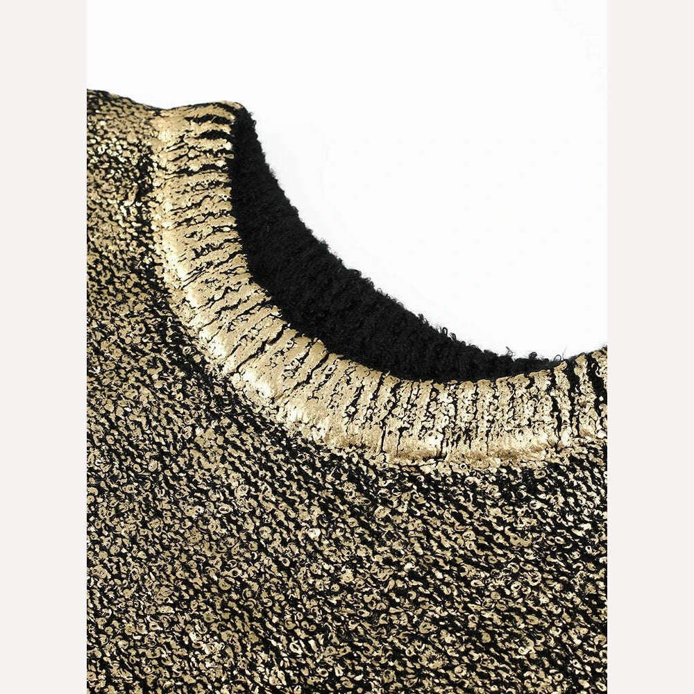 KIMLUD, Metallic Solid O Neck Sweater For Women Vintage Loose Long Sleeve Shinny Pullover 2023 Autumn Female Fashion Street Chic Jumper, KIMLUD Womens Clothes