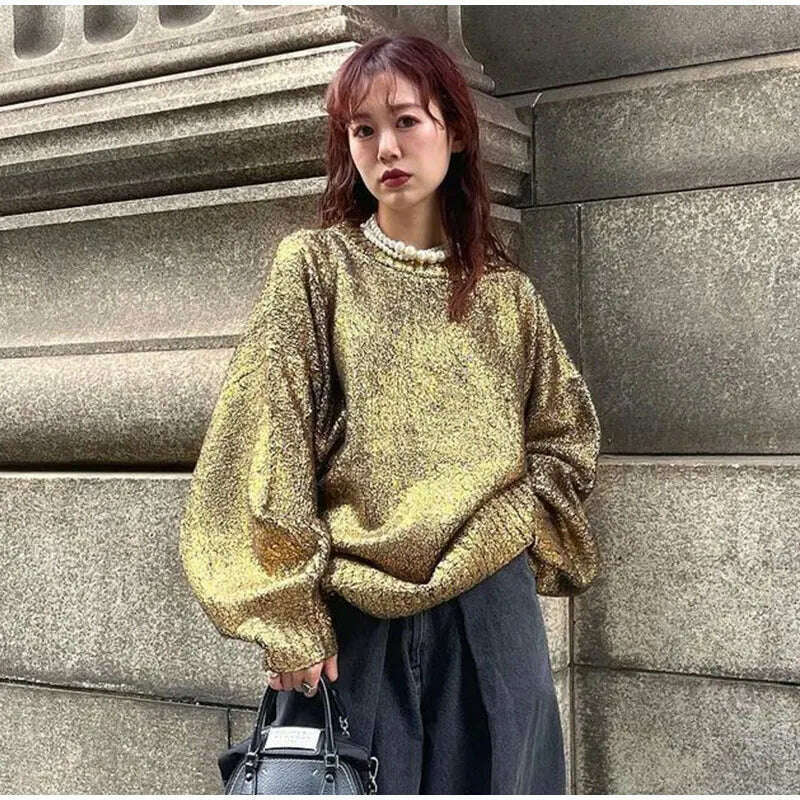 KIMLUD, Metallic Solid O Neck Sweater For Women Vintage Loose Long Sleeve Shinny Pullover 2023 Autumn Female Fashion Street Chic Jumper, Gold / S, KIMLUD APPAREL - Womens Clothes