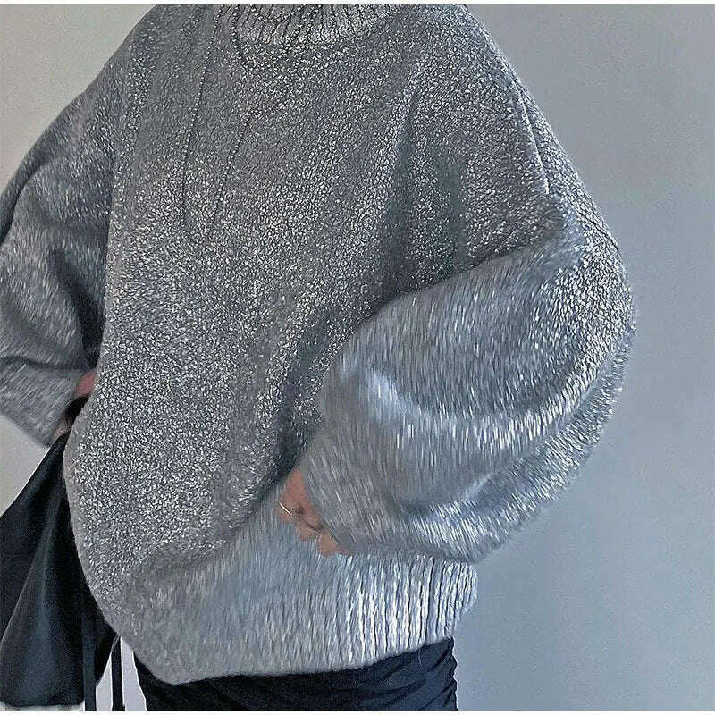 KIMLUD, Metallic Solid O Neck Sweater For Women Vintage Loose Long Sleeve Shinny Pullover 2023 Autumn Female Fashion Street Chic Jumper, Silver / S, KIMLUD APPAREL - Womens Clothes