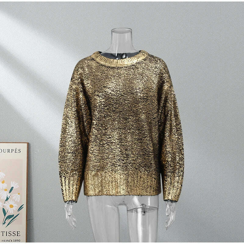 KIMLUD, Metallic Solid O Neck Sweater For Women Vintage Loose Long Sleeve Shinny Pullover 2023 Autumn Female Fashion Street Chic Jumper, KIMLUD Womens Clothes