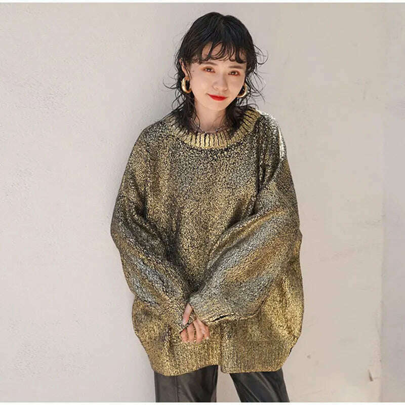 KIMLUD, Metallic Solid O Neck Sweater For Women Vintage Loose Long Sleeve Shinny Pullover 2023 Autumn Female Fashion Street Chic Jumper, KIMLUD Womens Clothes