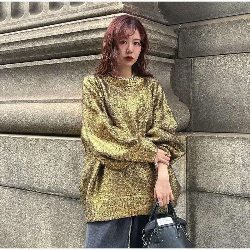 KIMLUD, Metallic Solid O Neck Sweater For Women Vintage Loose Long Sleeve Shinny Pullover 2023 Autumn Female Fashion Street Chic Jumper, KIMLUD Womens Clothes