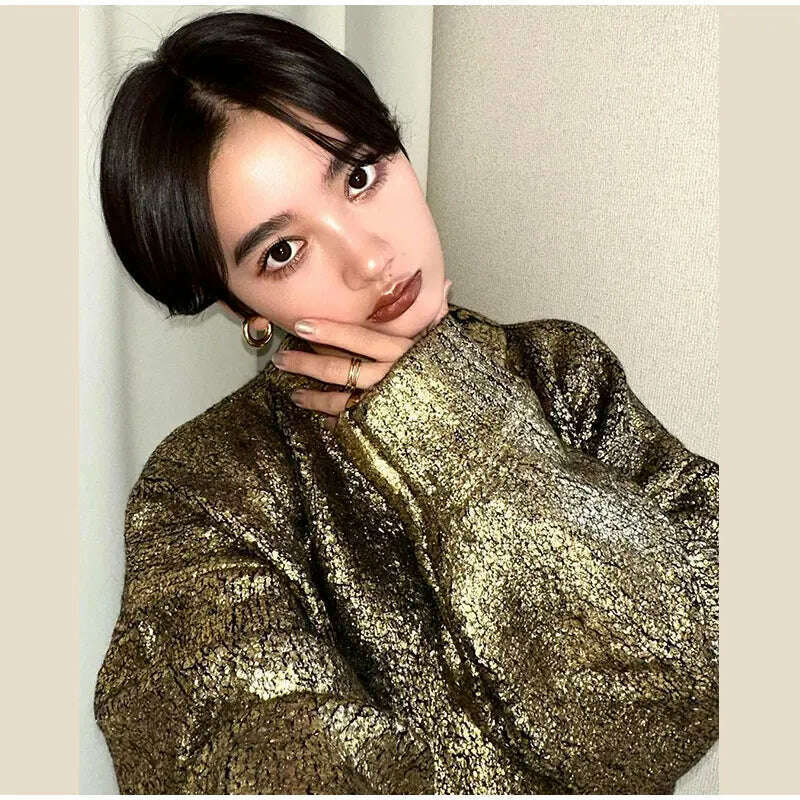 KIMLUD, Metallic Solid O Neck Sweater For Women Vintage Loose Long Sleeve Shinny Pullover 2023 Autumn Female Fashion Street Chic Jumper, KIMLUD Womens Clothes