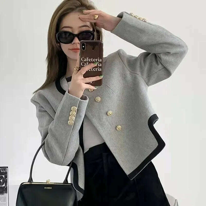 KIMLUD, MEXZT Jackets Women Elegant Cropped Tweed Blazers Office Lady Korean Short Irregular Suit Coat Tops Vintage Casual Outerwear New, Gray / S, KIMLUD Womens Clothes