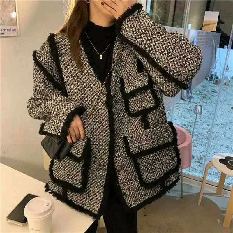 KIMLUD, MEXZT Vintage Tweed Jackets Women Black Patchwork Thick Coats Korean Elegant Wool Blends Winter Streetwear Casual Outerwear Tops, KIMLUD Womens Clothes